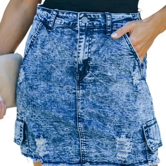 Blue High Waist Distressed Denim Mini Skirt - Picture 1 of 4